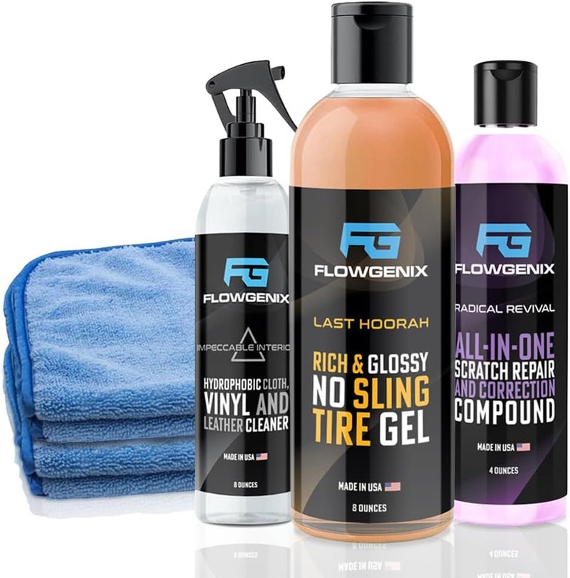 Flowgenix Grand Slam 3-Pack - Includes Tire Shine Gel (8oz), Car Scratch Remover (4oz), Water-Repellent Vinyl and Car Leather Protector (8oz), 2 Microfiber Towels - Image 1
